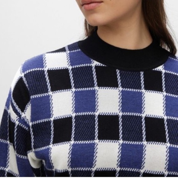 BOSS Blue and black check crew neck crop sweater size L - Picture 2 of 16